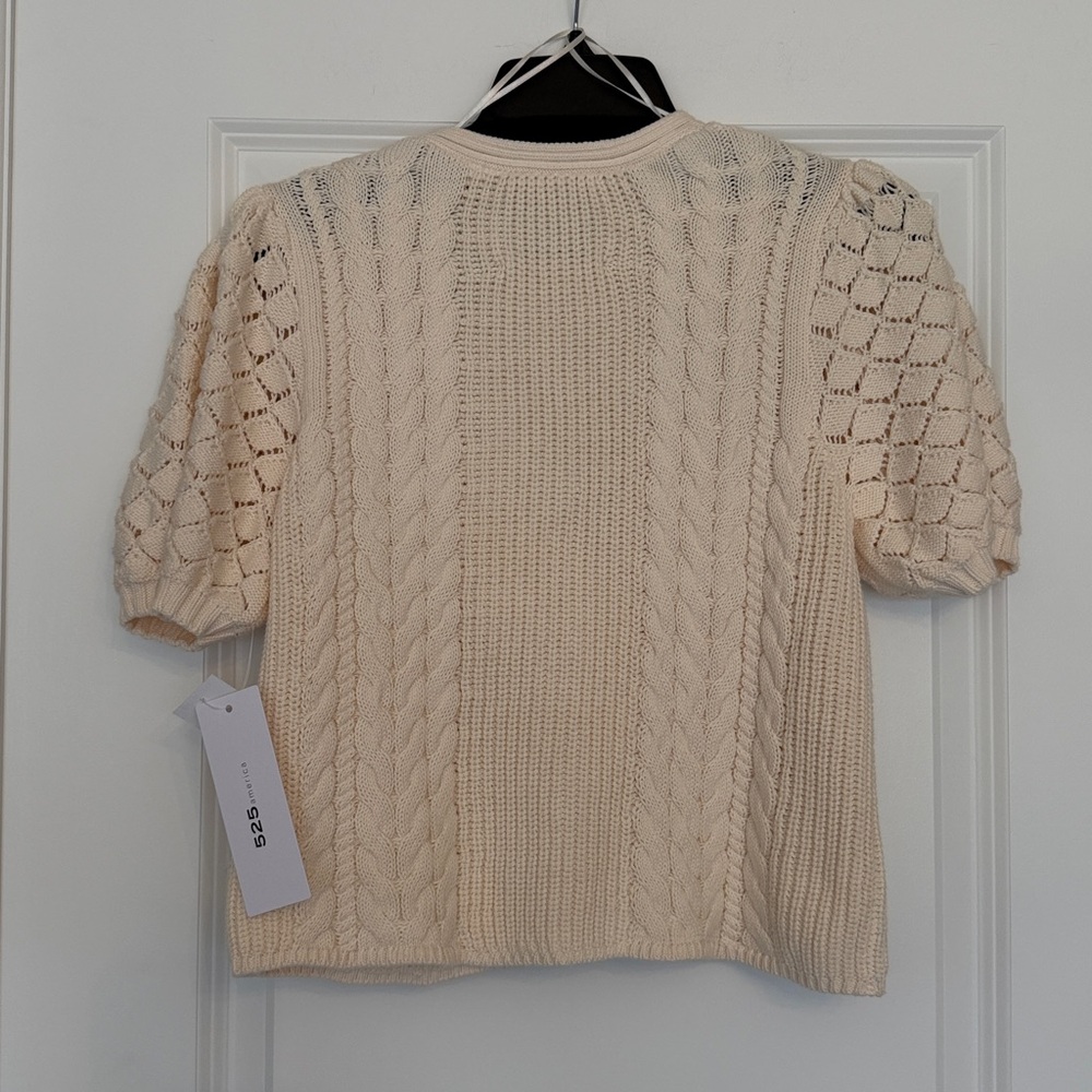 525 America Cream Cable Knit Puff Sleeve Short Cardigan - Picture 7 of 12